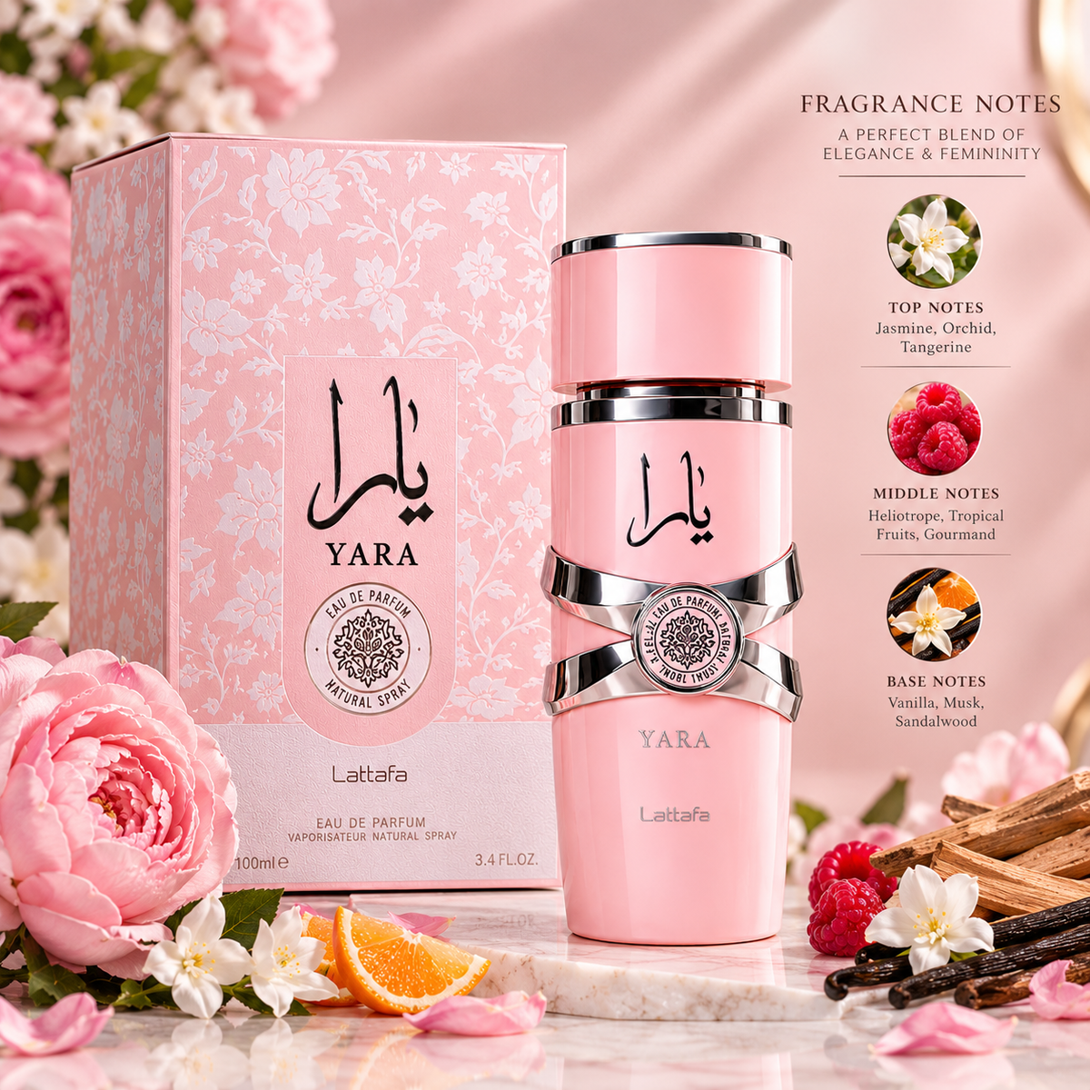 Lattafa Yara - Vanilla, Gourmand, Fruity, Floral - Eau de Parfum Long-Lasting Fragrance for Women, 3.40 Ounce / 100 ml